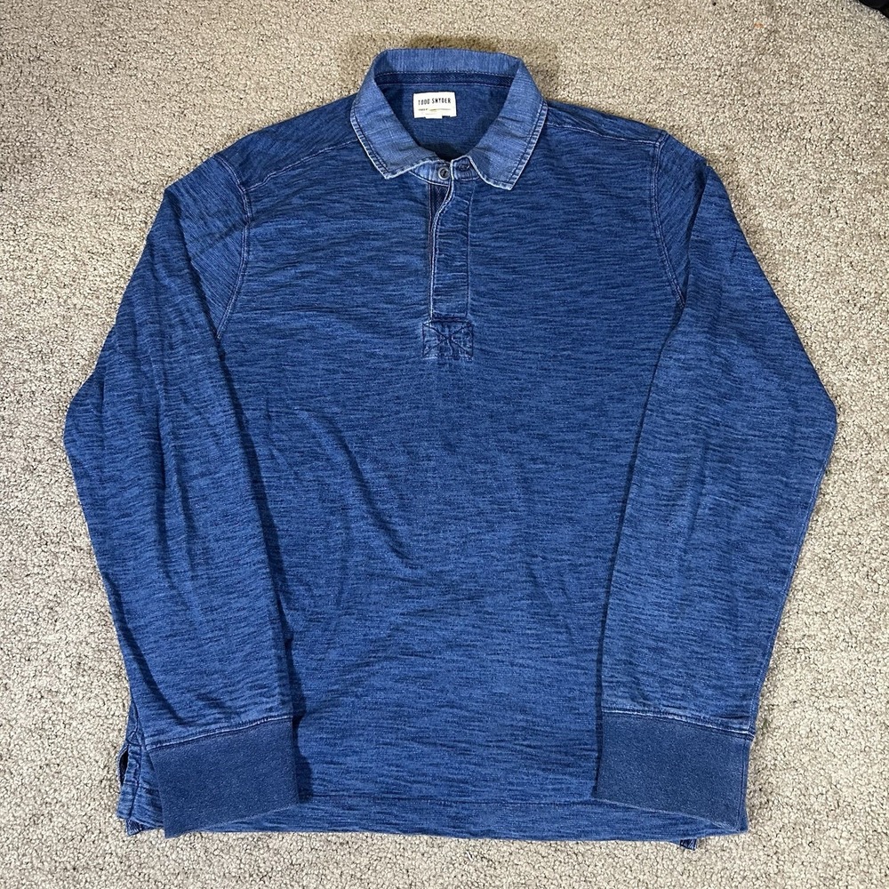 Todd Snyder Polo Shirt Mens Medium Blue Faux Denim Long Sleeve Casual Preppy